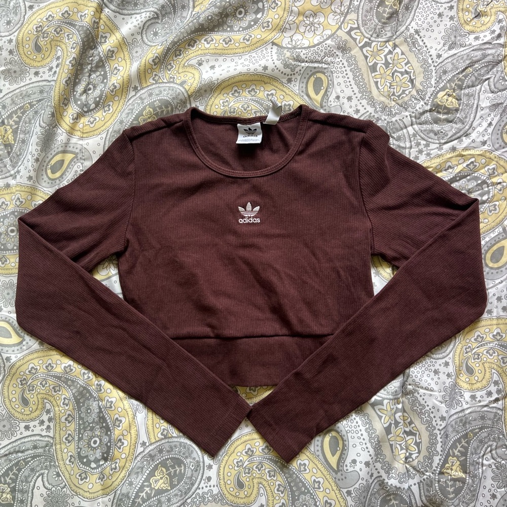 Adidas Brown Ribbed Crop Top Long Sleeve